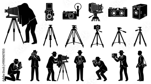 Photography Cameras, Photographers, and Tripods Vector Silhouette Icon Set