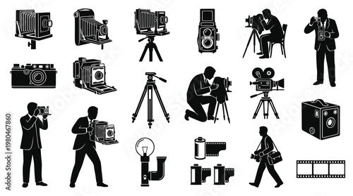 Photography Camera Equipment and Photographers Black  White Glyph Icons Set