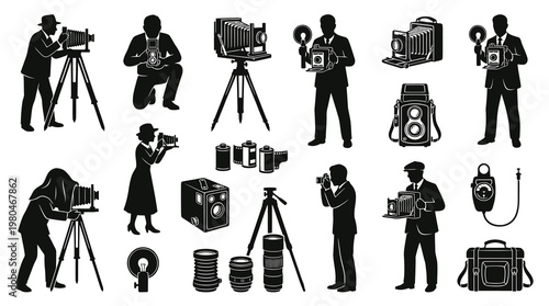 Vintage Photography Photographers and Retro Camera Gear Black Silhouette Icon Set