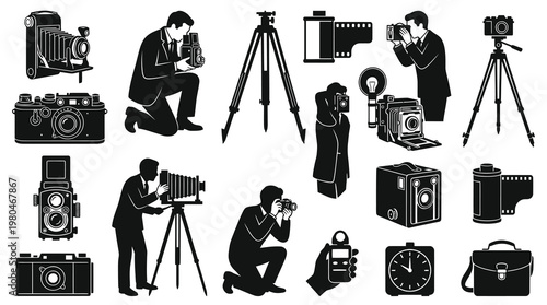 Vintage and Modern Photography Equipment  Photographers Black and White Glyph Icons Set