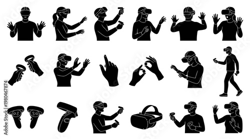 Black and White Virtual Reality Technology Glyph Icons: Users, Headsets, Controllers for Gaming