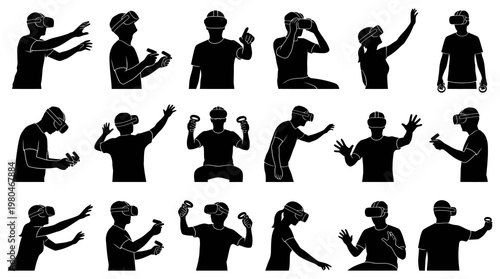 Technology Virtual Reality Headset Users Solid Silhouette Glyphs Collection