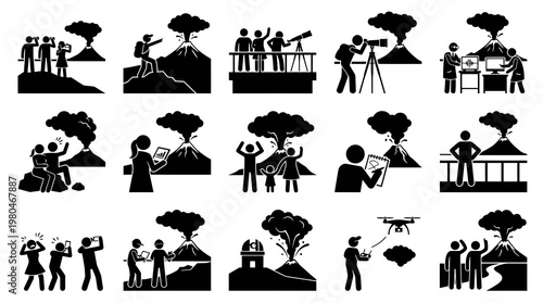 Volcano Eruption Observation Icon Set, People Watching Active Volcano