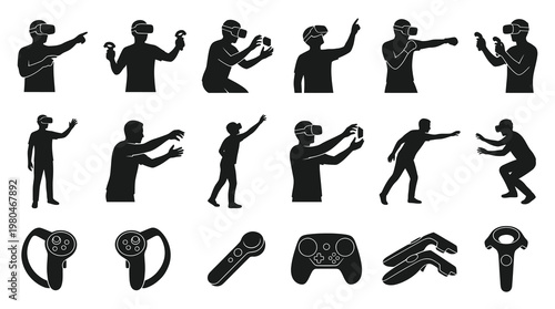 Virtual Reality Gaming Technology Silhouettes: People with VR Headsets  Controllers Icon Set