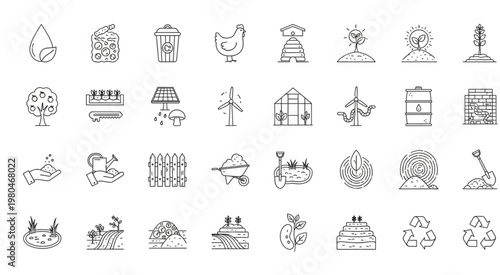 Collection of hand-drawn farming and gardening icons for sustainable agriculture and eco-friendly practices.
