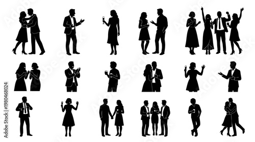 Black and white silhouette illustrations of people at a formal event