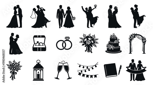 Wedding Icons Set Black White Silhouettes Bride Groom Cake Rings Celebration