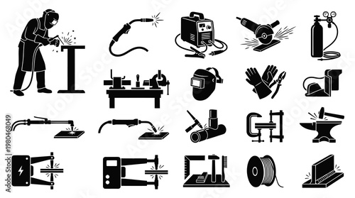 Welding Equipment Icons Set Black and White Vector