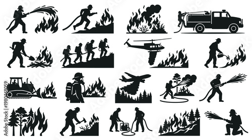 Firefighter Icons: Forest Fire Fighting Silhouette Set