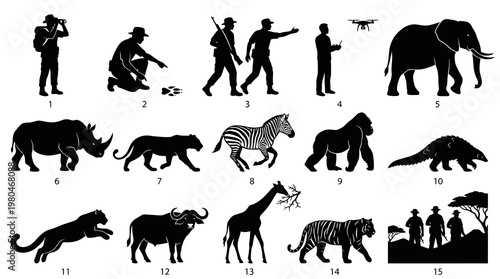 African Safari Wildlife Conservation Icons: Silhouette Collection