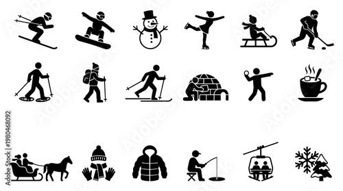 Winter Sports  Activities Icon Set - Black  White Glyph Style