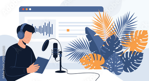 Young man recording a podcast using a professional microphone and laptop in a creative studio with tropical plant leaves.