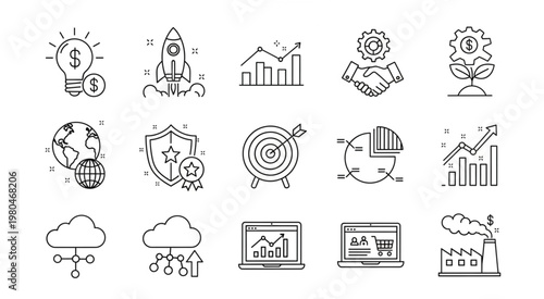 Business and finance icons representing growth, ideas, and success in the market.