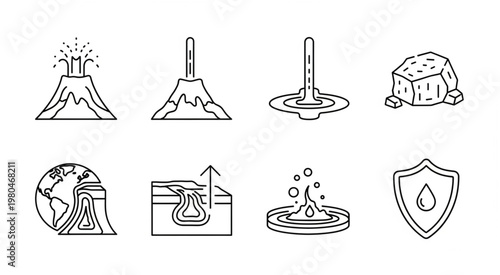 Volcanic Eruptions and Geological Processes Depicted in Detailed Line Art Illustrations.
