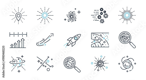 Collection of science and technology icons representing various concepts and ideas.