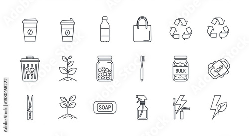 Collection of eco-friendly and sustainable living icons for environmental awareness.