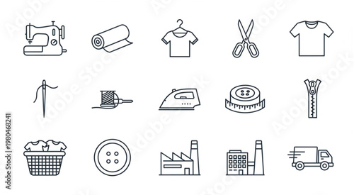 Collection of sewing and tailoring tools and equipment icons in a line art style.