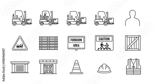 Warehouse and construction safety equipment and machinery icons.
