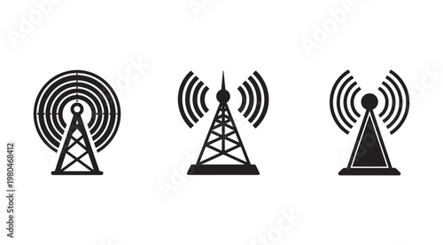 Cellulartowerswithradiowavescommunicationicons  threedifferentcelltowerlogoswithradiosignalsemittedfromthem