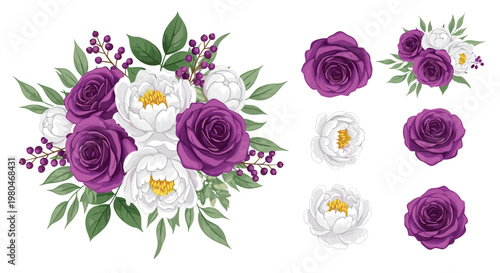 Elegant floral arrangement featuring deep purple roses and white peonies with green leaves and small berries.
