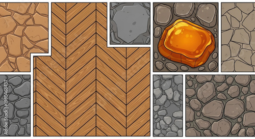 Flooring Texture Top View Vector Set Herringbone Wood Stone Patterns Flat Cartoon Design Illustration