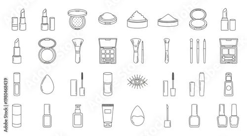 Collection of various cosmetic products and makeup tools in a line art style.