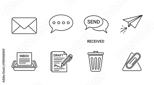 Email communication icons representing various aspects of digital messaging and correspondence.