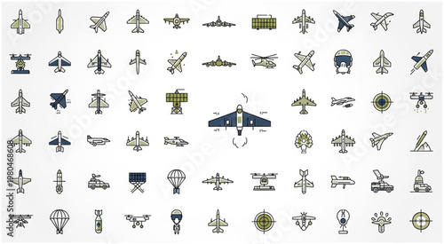 Collection of various airplane icons representing different aircraft types and designs.