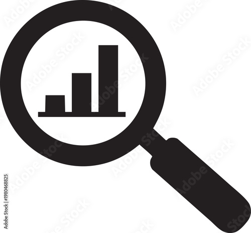 Black vector magnifying glass, analyzing data graph, business research icon, statistics symbol