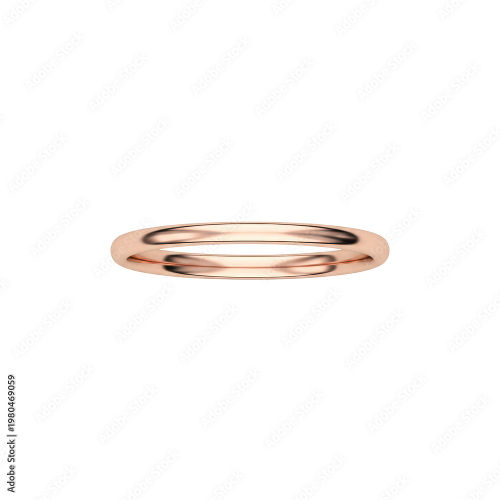 Naklejka premium Elegant thin rose gold wedding band with a polished metallic finish and defined edges, isolated on a white background, minimalist luxury jewelry advertisement