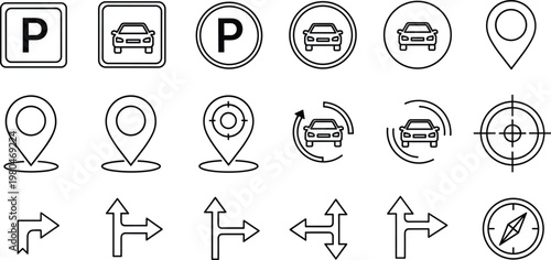 Parking and navigation outline icon set featuring car location direction arrows map symbols for transportation and urban interface design