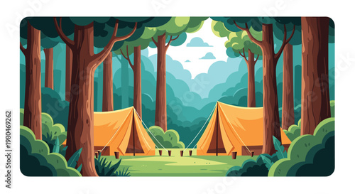 Two yellow camping tents pitched in a lush green forest clearing surrounded by tall trees under a bright sky.