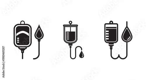IV drip bag and blood drop icons for medical healthcare and hospital themes with infusion pump and tubing  medical equipment for patient treatment