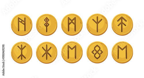 Set of golden coins engraved with ancient viking runic symbols arranged in two rows for mystical or historical game design.