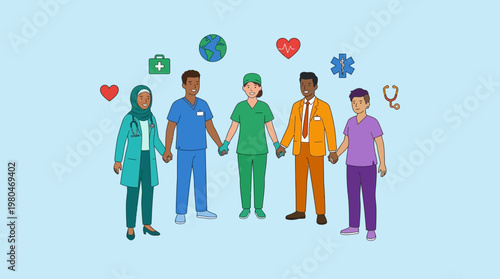 Diverse healthcare professionals holding hands in a circle symbolizing unity and global health initiatives