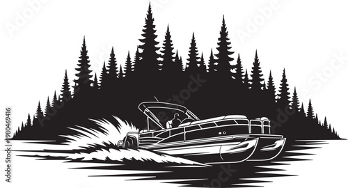 Speedboat, lake, forest, monochrome vector illustration, water sports, boat design