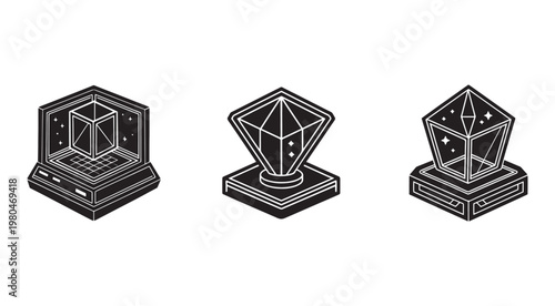 Line art illustrations of gemstones and crystals on display  isolated on white background