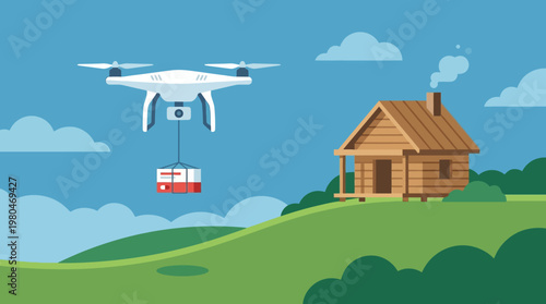 Drone delivery service dropping package to a remote house with medical supplies for an emergency