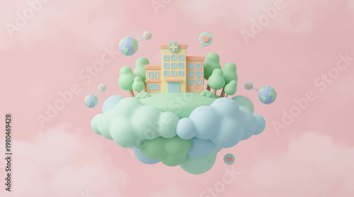 A 3D cartoon rendering of a charming healthcare facility situated on a whimsical cloud formation, surrounded by floating green trees and planets