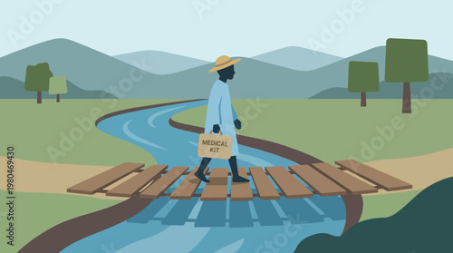 Dedicated Healthcare Worker Journeys Across Wooden Bridge with Medical Kit, Bringing Essential Services to Remote Rural Communities