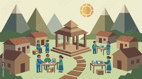 Community health outreach with medical services in a village setting with a central gazebo and surrounding houses
