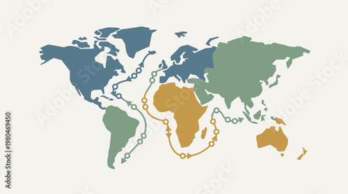 Global Travel Route Illustration of a World Map with Continents and Ocean Paths
