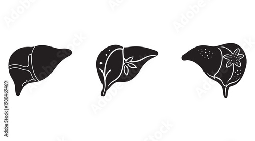Liver organ illustrations with different designs and patterns on white background  medical and health concepts