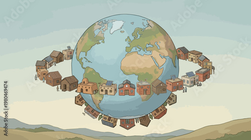 Vibrant global community of diverse homes encircling the Earth, symbolizing interconnectedness and shared living spaces worldwide