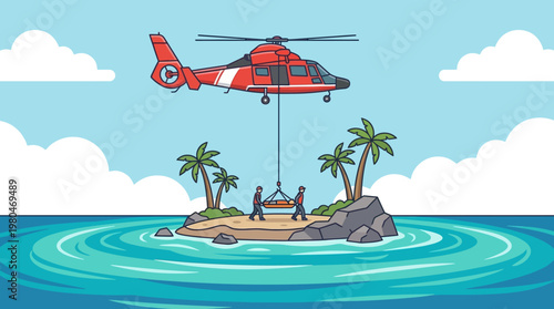 Emergency helicopter delivers vital support to individuals stranded on a remote tropical island, symbolizing critical aid and rescue operations