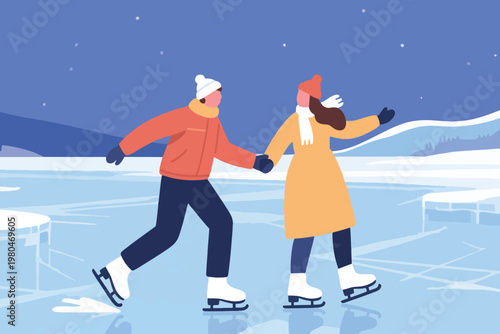 Illustration Of A Couple Playing Ice Skating On A Winter Night Vector Design Template