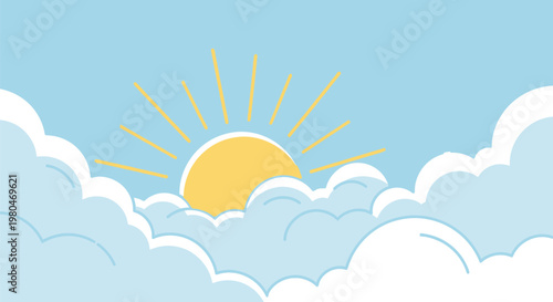 Bright yellow sun with radiating light beams rising above soft fluffy white clouds in a clear blue summer sky