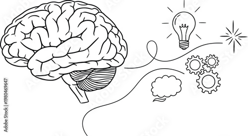Conceptual illustration of a human brain with a lightbulb, gears, and thought bubble representing creative thinking and complex problem-solving.