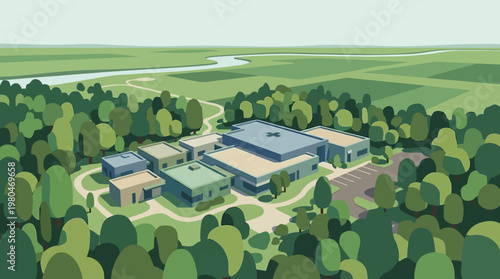 Contemporary campus facility with sleek geometric design, harmoniously integrated into a vast, verdant landscape featuring forests and distant fields