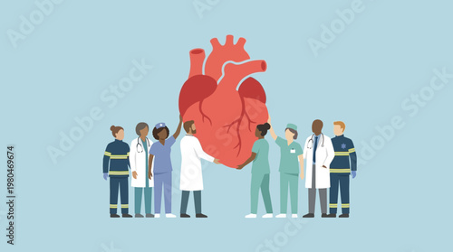 Dedicated healthcare team uniting to support and protect a healthy human heart, symbolizing collective medical care and cardiovascular wellness